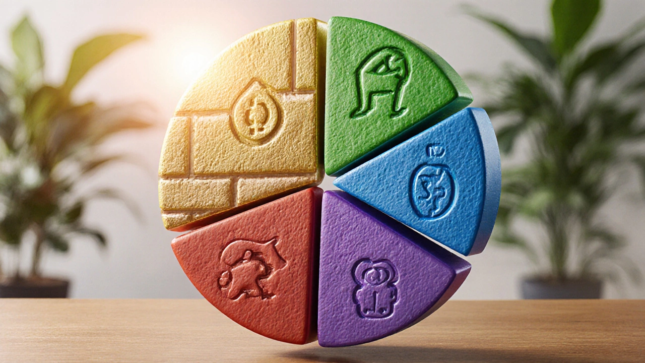 3D pie chart with five textured slices representing the five budget elements floating over a wooden table.