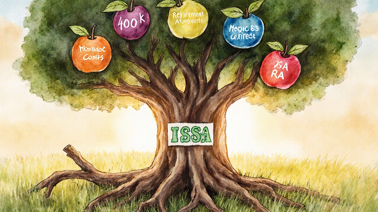 Abstract tree with financial accounts as roots and tax-free benefits as fruits, ISA branch fallen on ground.