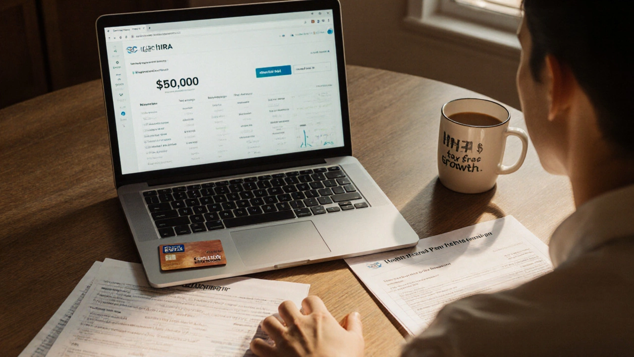 American professional at home managing Roth IRA and HSA accounts with financial documents and coffee mug.