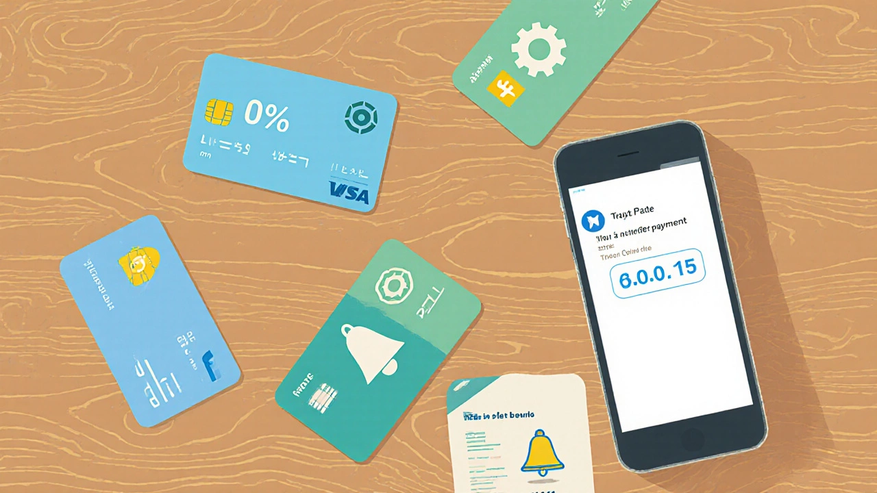 Array of credit cards with icons for low APR, auto‑pay and alerts on a table.