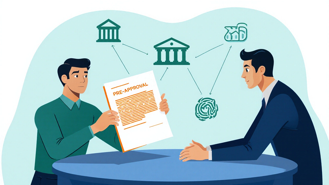 Buyer negotiating loan terms with dealer, holding pre‑approval documents.