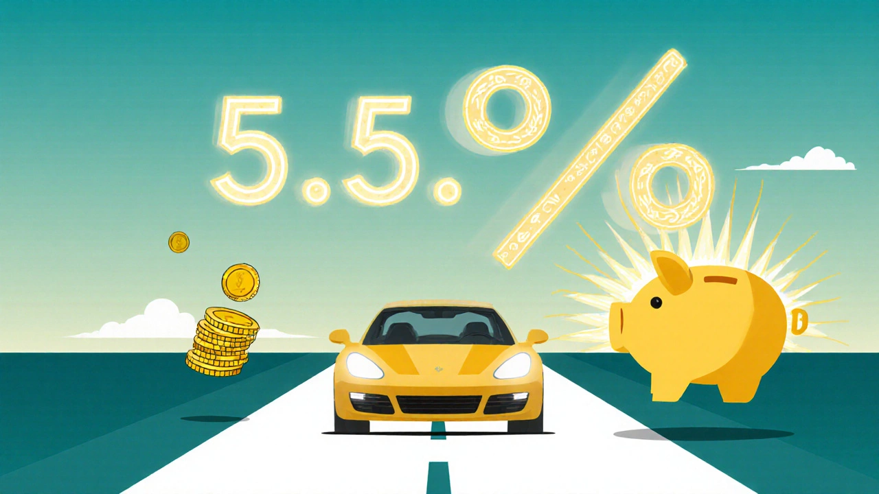 Car driving forward with falling coins and a decreasing interest percentage, symbolizing savings.