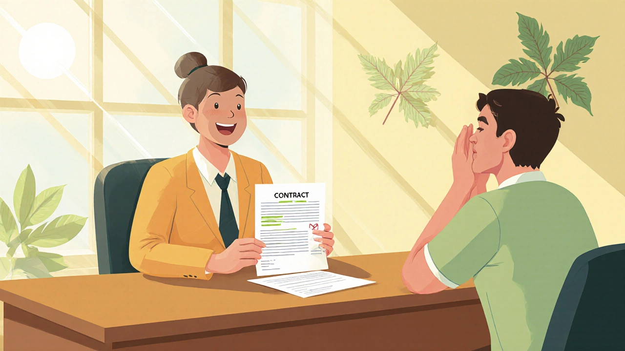 Counsellor and borrower discuss a clear contract in a bright, friendly credit union office.