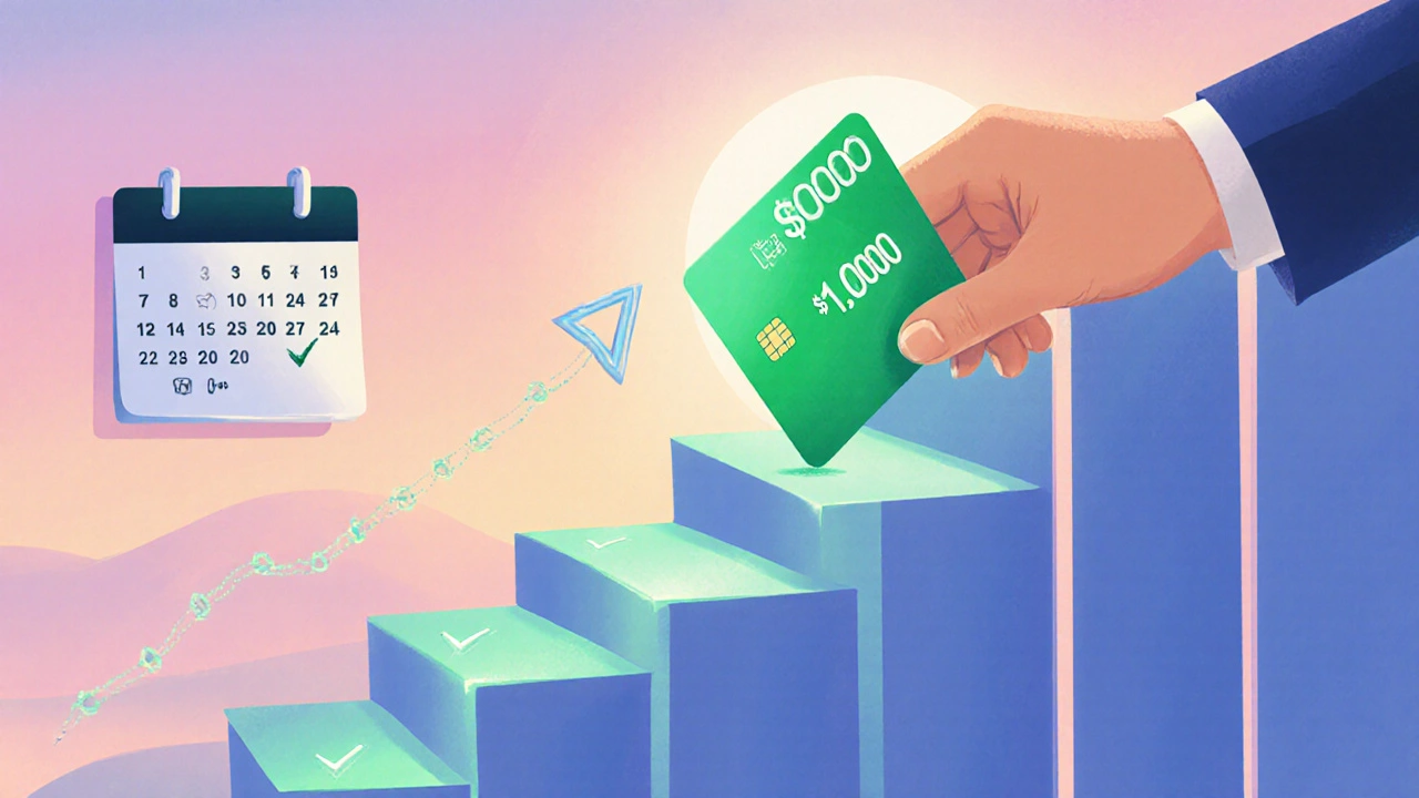 Credit card placed on a rising staircase of credit-score bars under a sunrise.