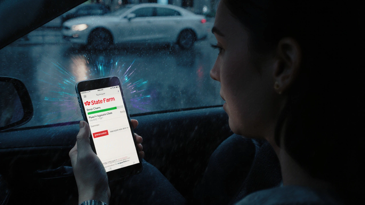 Driver holding a phone showing a fast claim app overlay after a minor car accident.