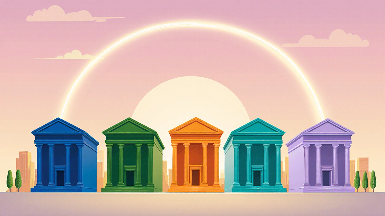 Five stylized bank buildings connected by a single glowing line symbolizing loan consolidation.