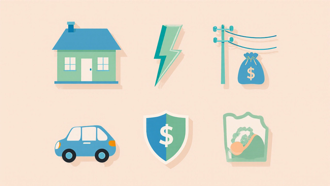 Flat icons representing rent, utilities, groceries, transport, and insurance on a pastel background.
