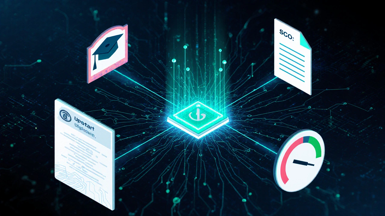 Futuristic data lab showing AI core linking icons for education, income, credit, and debt.