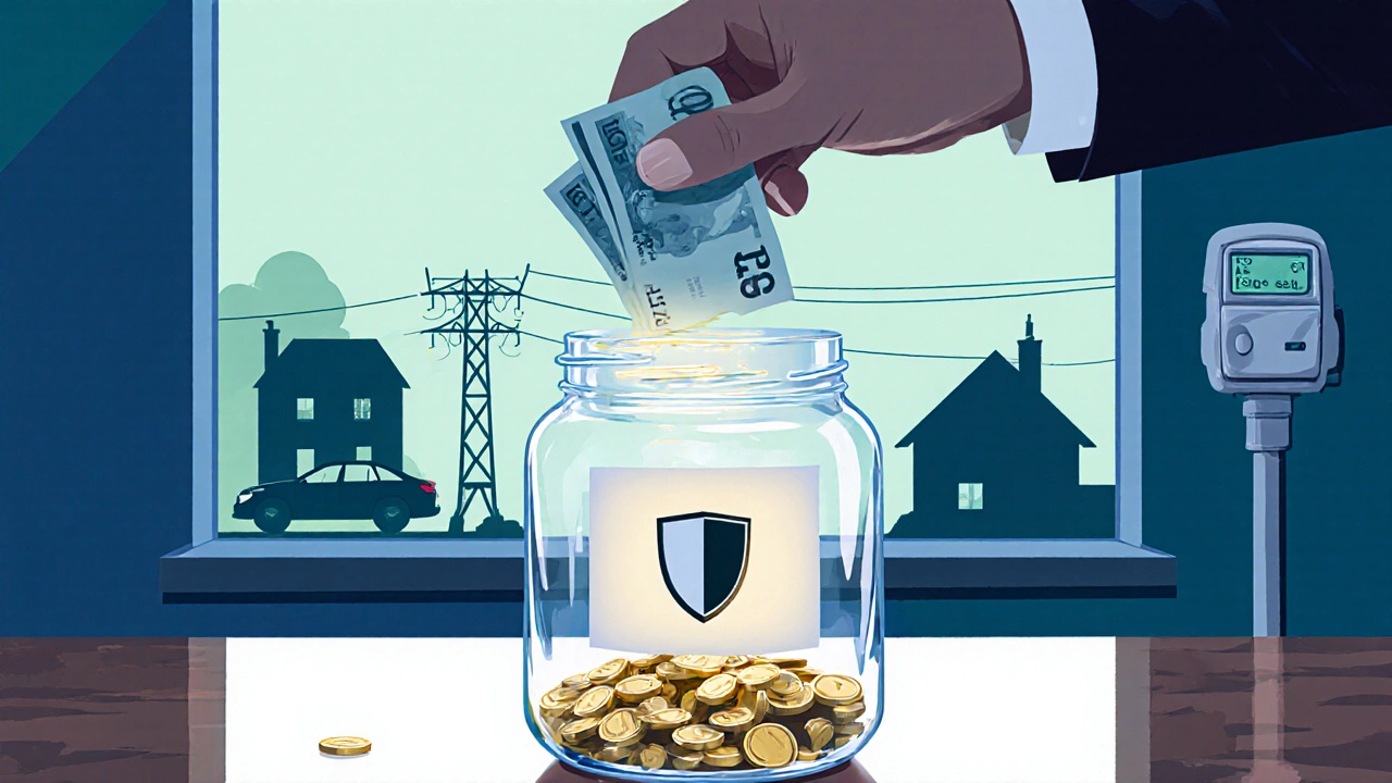 Hand pouring cash into a glowing glass jar labeled with a shield icon.