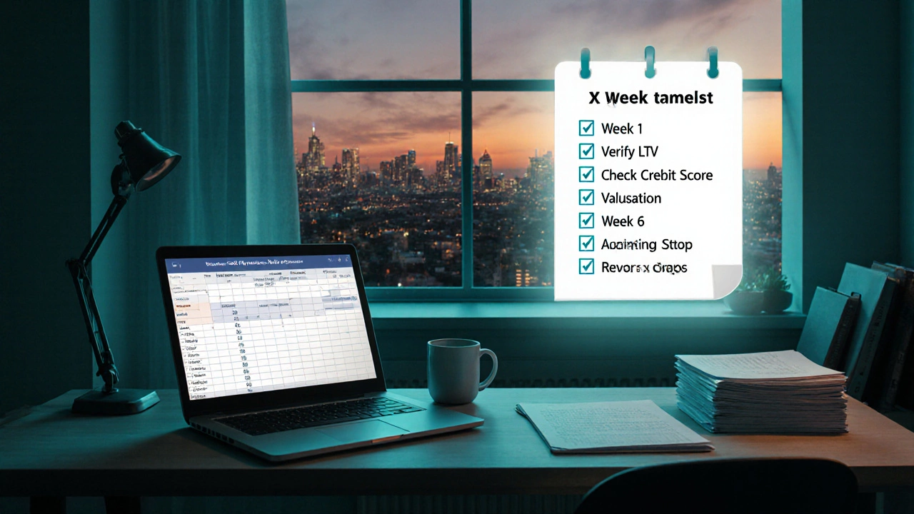 Home office with laptop, settlement papers, calendar flipping weeks, and floating checklist at dusk.