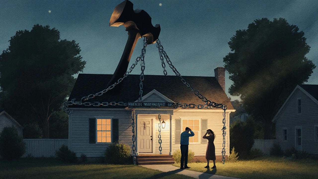 House wrapped in two chains with a foreclosing hammer shadow looming overhead.