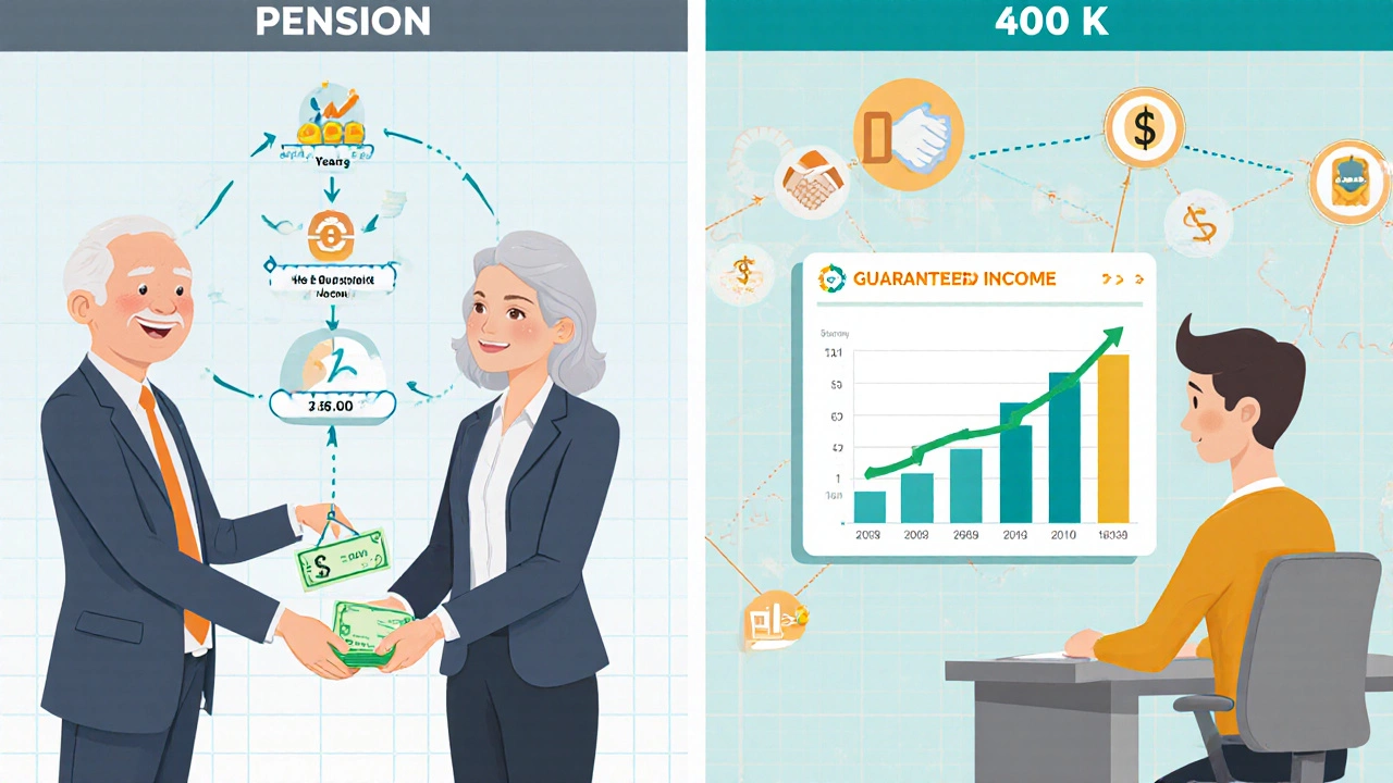 Illustration comparing pension payouts and 401(k) contributions with charts and icons.