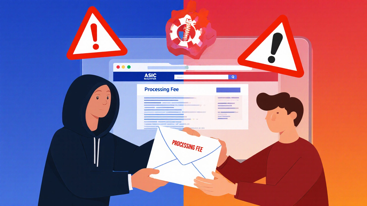 Illustration shows a shady lender offering a fee with red warning symbols and an ASIC search screen.