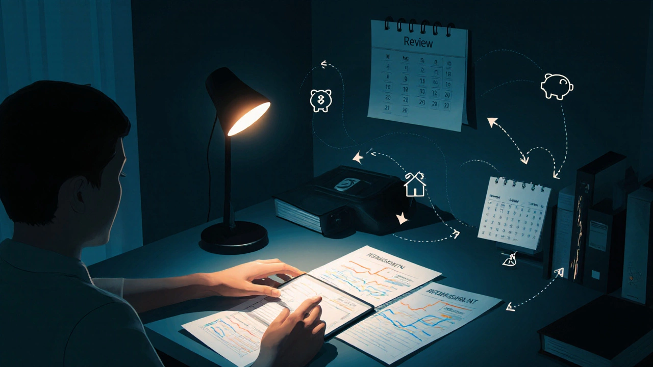 Individual in dim office reviewing statements and adjusting budget with floating arrows.