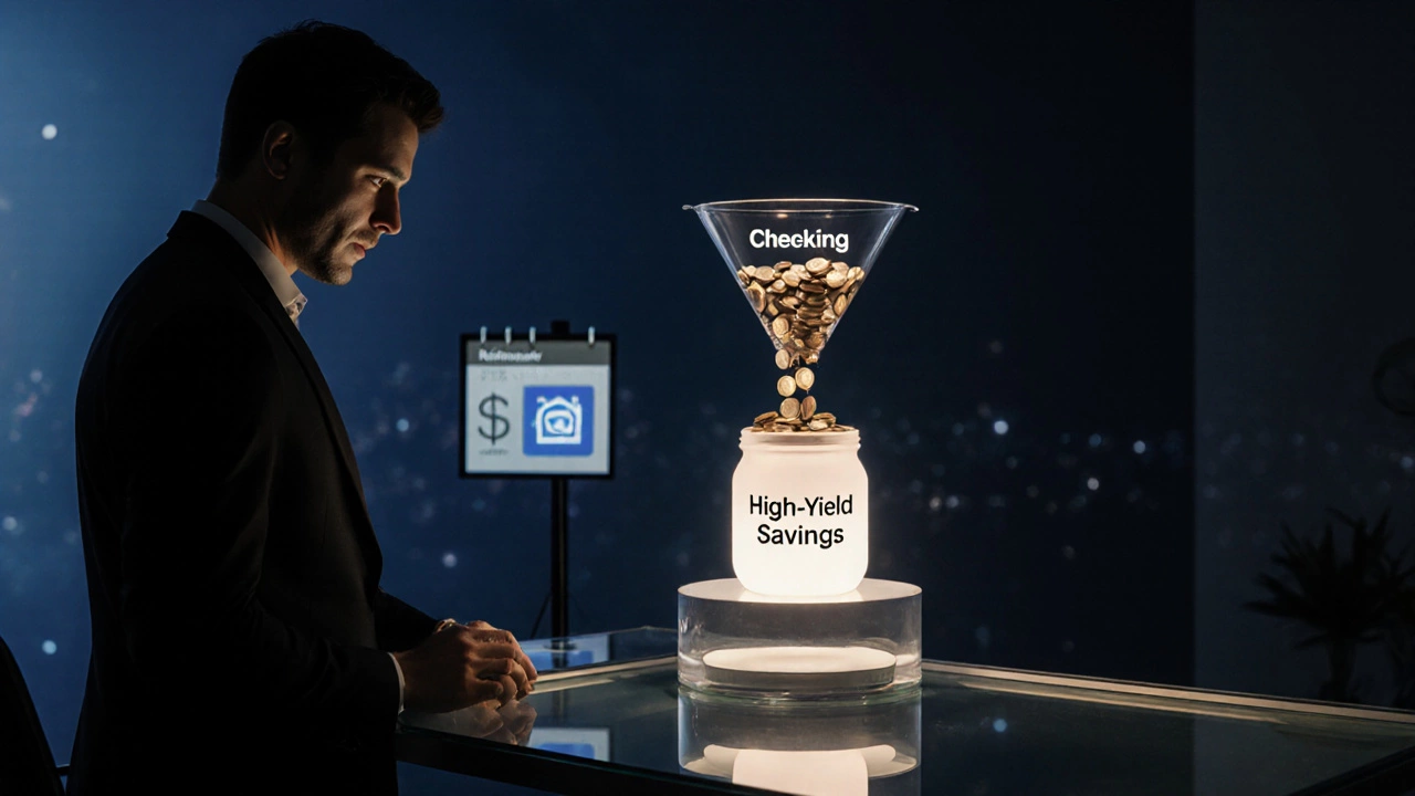 Individual transfers glowing coins from a checking pile into a high‑yield savings jar in a stylish office.