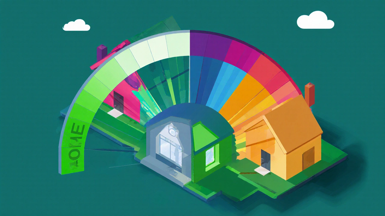 Isometric view of two houses showing high and medium credit scores with different LTV bars.