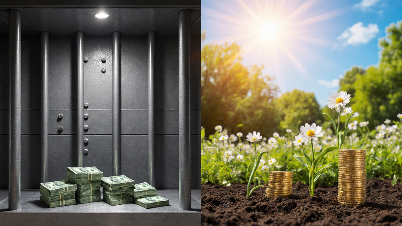 Left side shows idle cash in a dull vault; right side shows coins growing like flowers in a bright garden.
