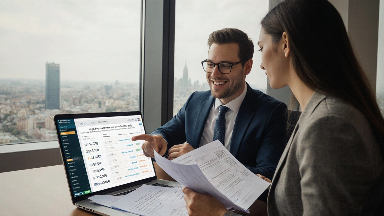 Mortgage broker and client reviewing a valuation report and laptop in a bright office.