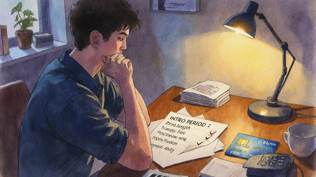 Person reviewing a checklist about a 0% APR card in a softly lit home office.