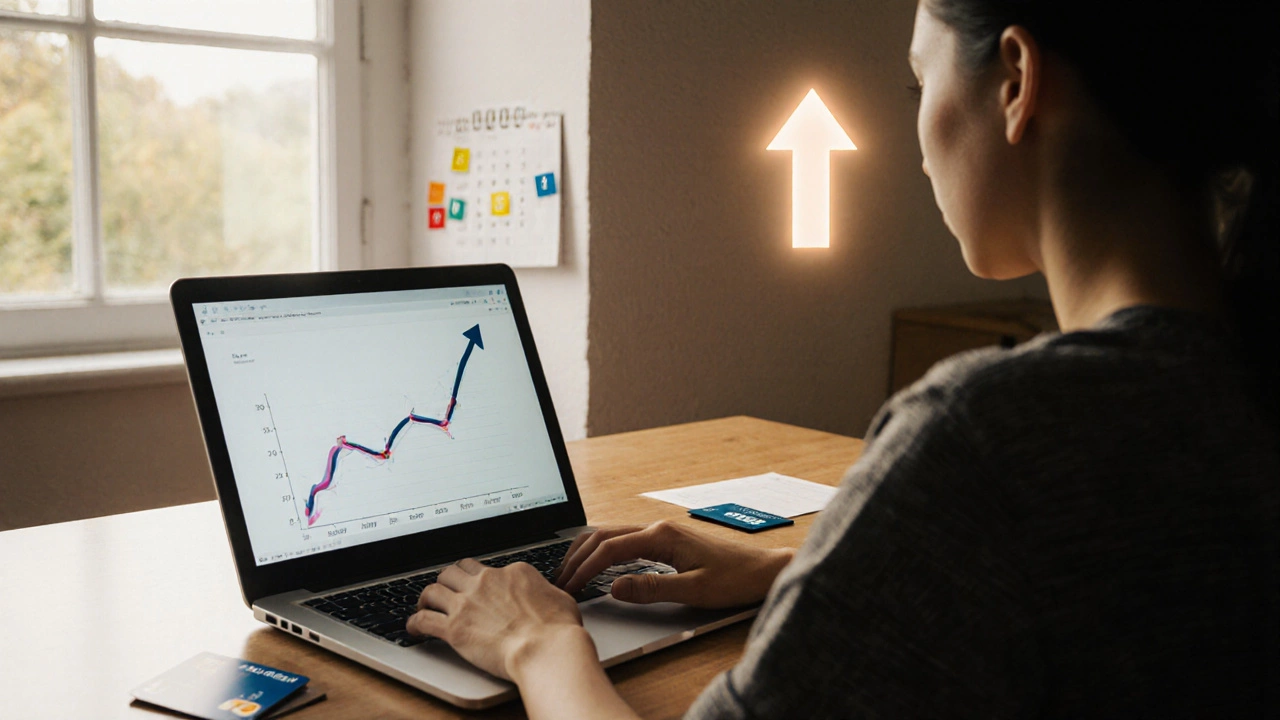 Person reviewing cards and laptop as a glowing arrow indicates credit score rise.