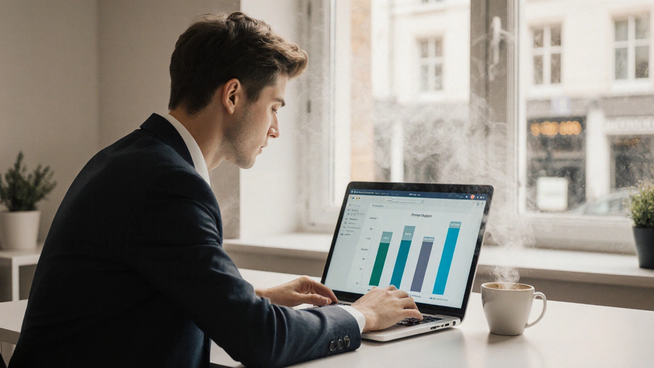 Photorealistic scene of a person reviewing budget progress bars on a laptop in a bright home office.