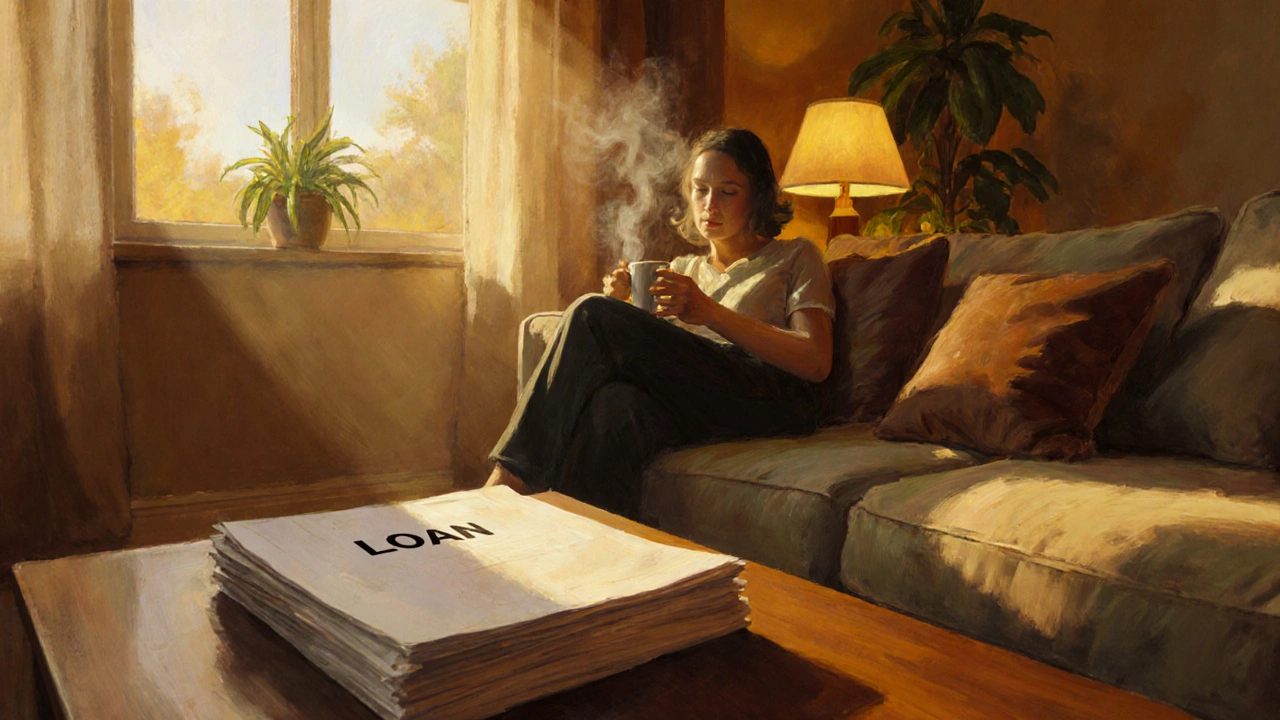 Relaxed individual on a sofa with a single stack of paperwork, enjoying a calm home setting.
