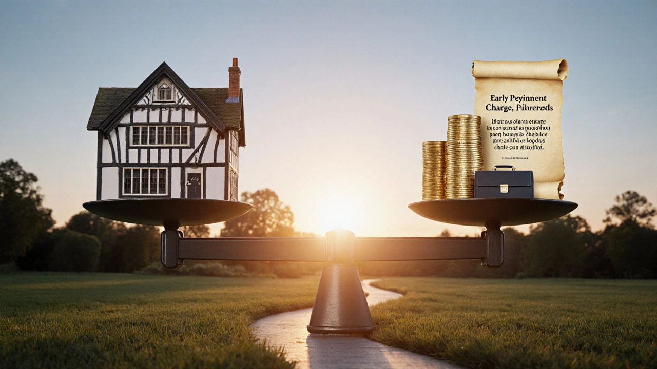 Scale balancing a house against coins and fees with a sunrise path ahead.