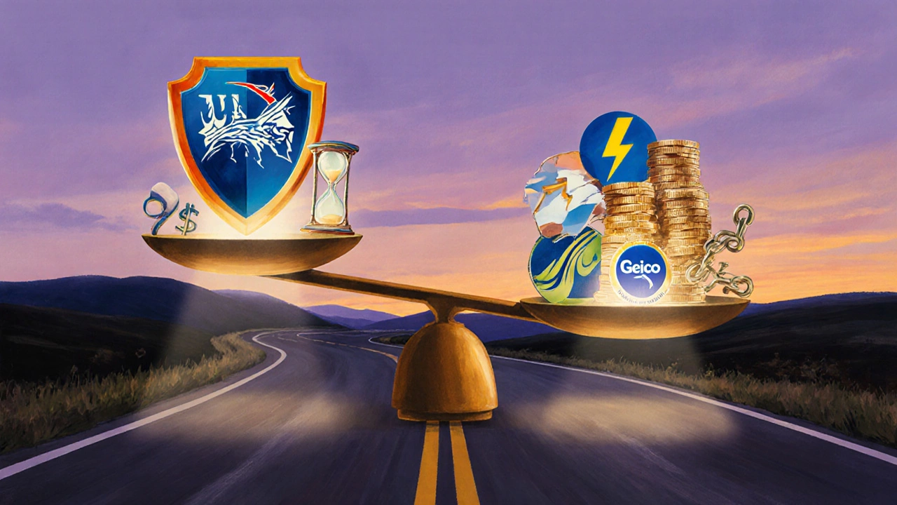 Scale balancing USAA shield against other insurer symbols on a road.