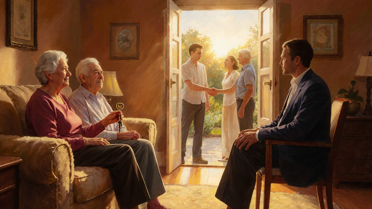 Senior couple and younger partners discussing loan options in a warm living room.