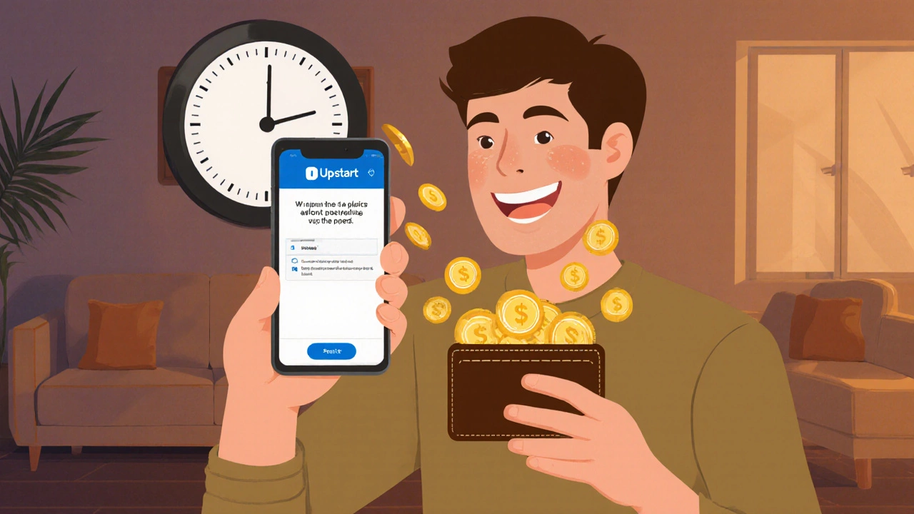 Smiling borrower receiving loan funds on phone, golden coins and clock indicating fast funding.