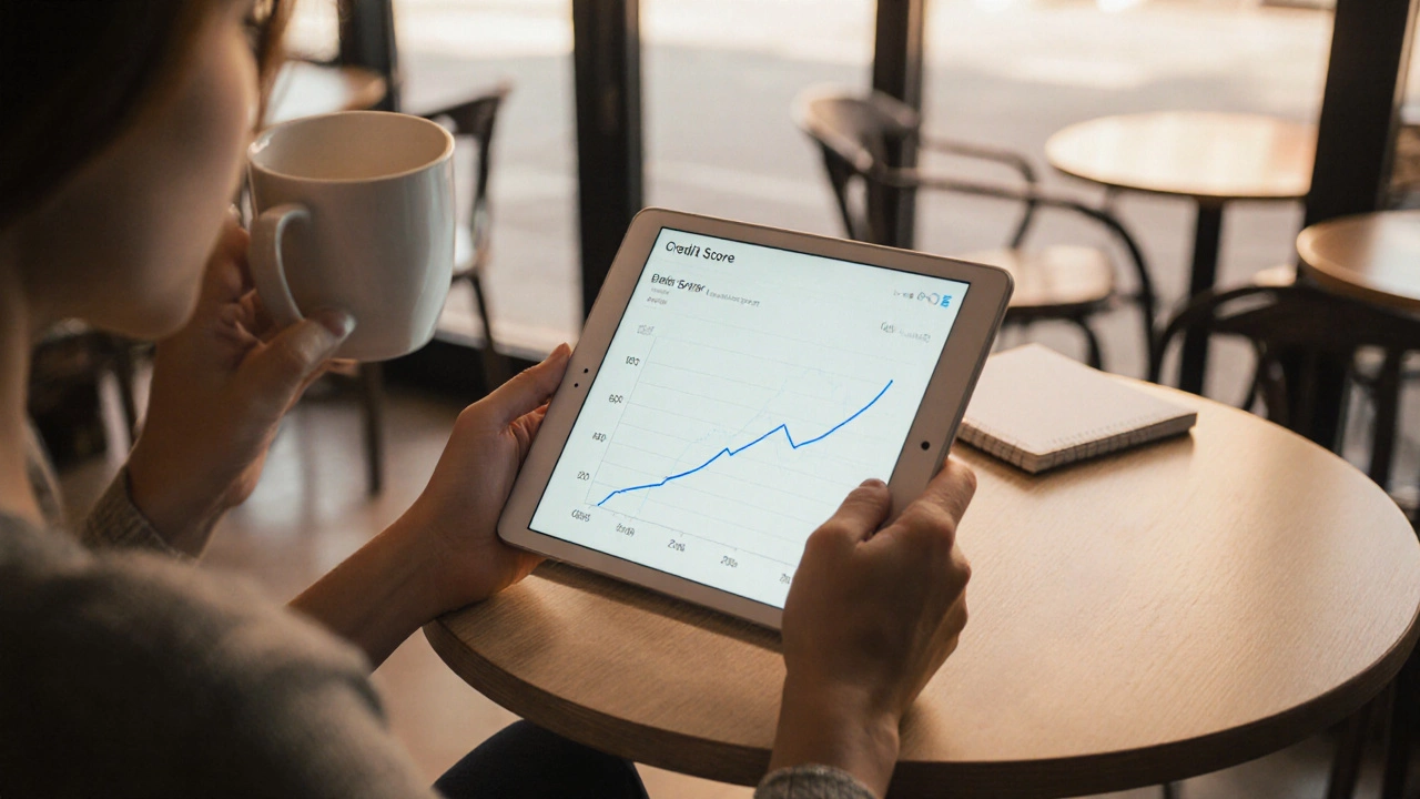 Someone reviewing a rising credit score on a tablet in a cozy coffee shop.