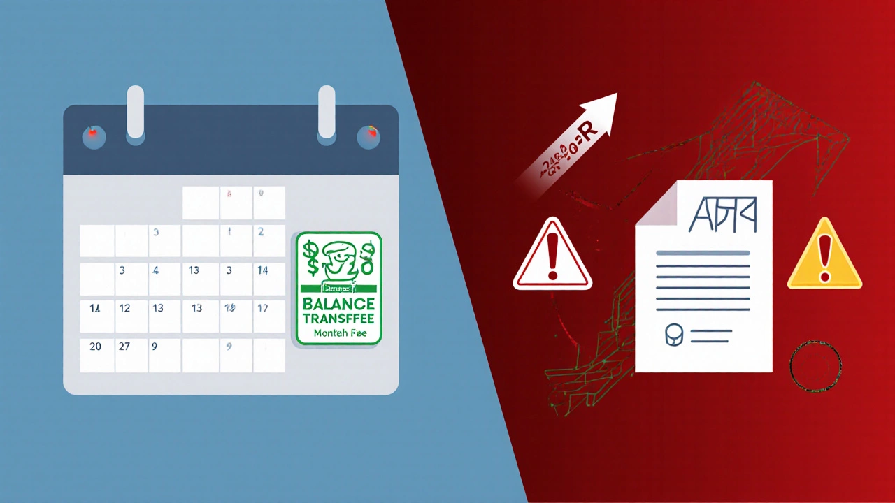 Split illustration showing a 12‑month payment plan on the left and a sudden 20% APR spike on the right.