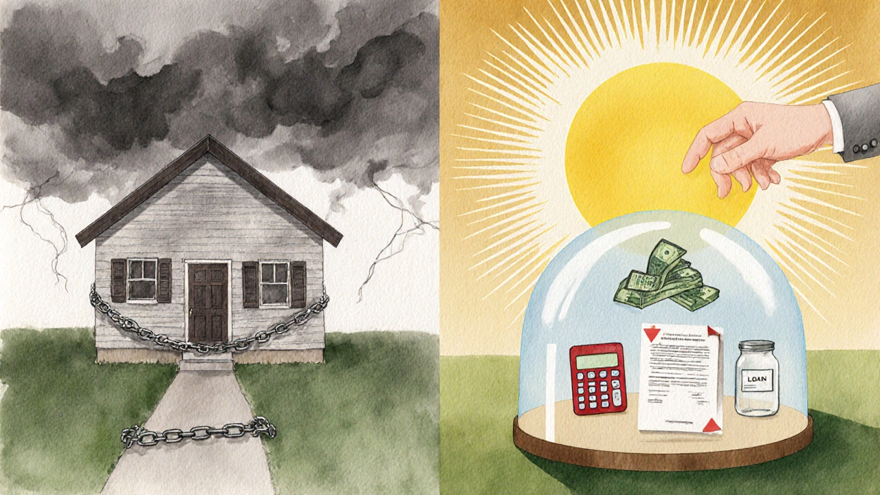Split scene showing a risky home equity loan on the left and safe alternatives protecting a house on the right.