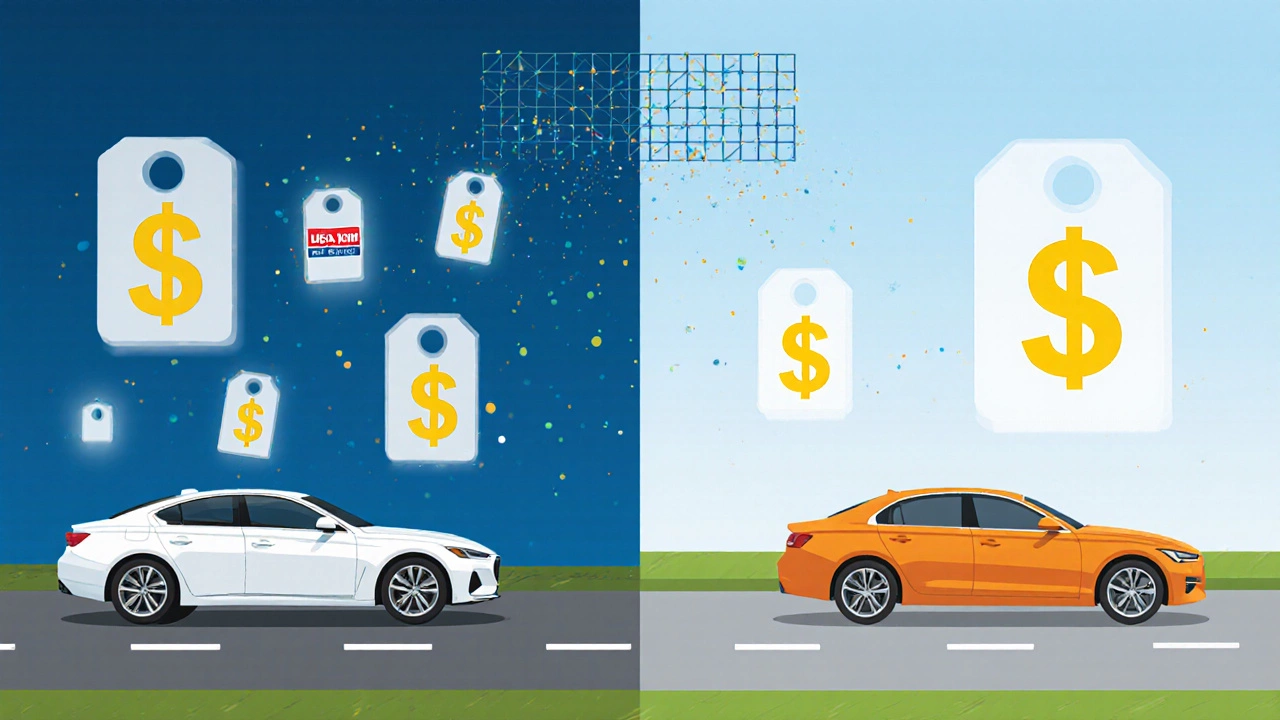 Split-screen illustration comparing auto insurance costs with cars and price tags.