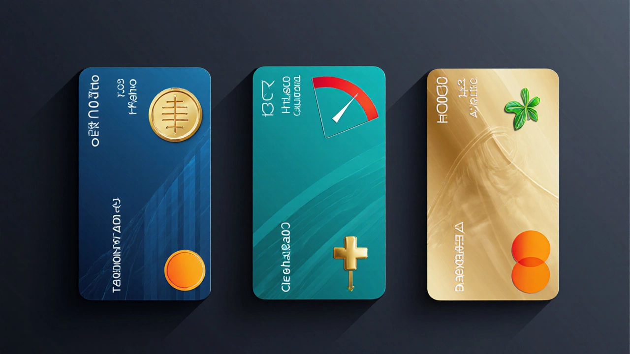 Three credit cards side by side showing different fee, APR, and reward icons.