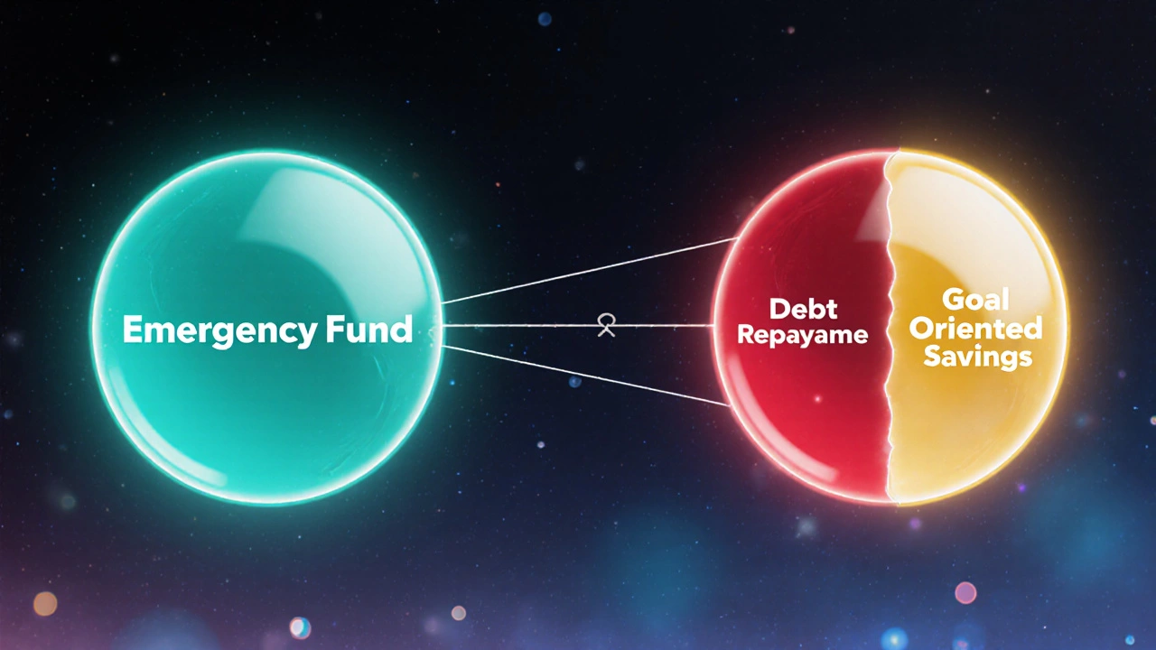 Three glowing spheres representing emergency fund, debt repayment, and savings connected by light lines.