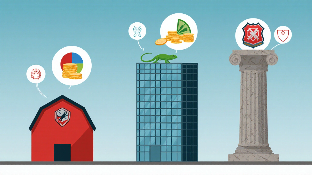 Three stylized buildings with icons for premiums, market share, assets, and rating.