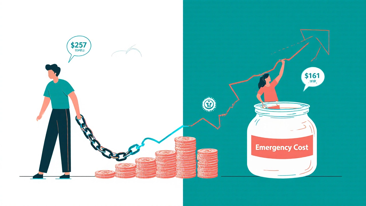 Two paths showing high vs low monthly payments for a 00 loan with interest costs visualized.