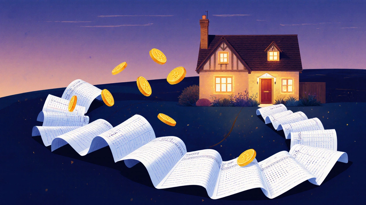 Winding calendar timeline leading to a house, with coins floating to symbolize savings.