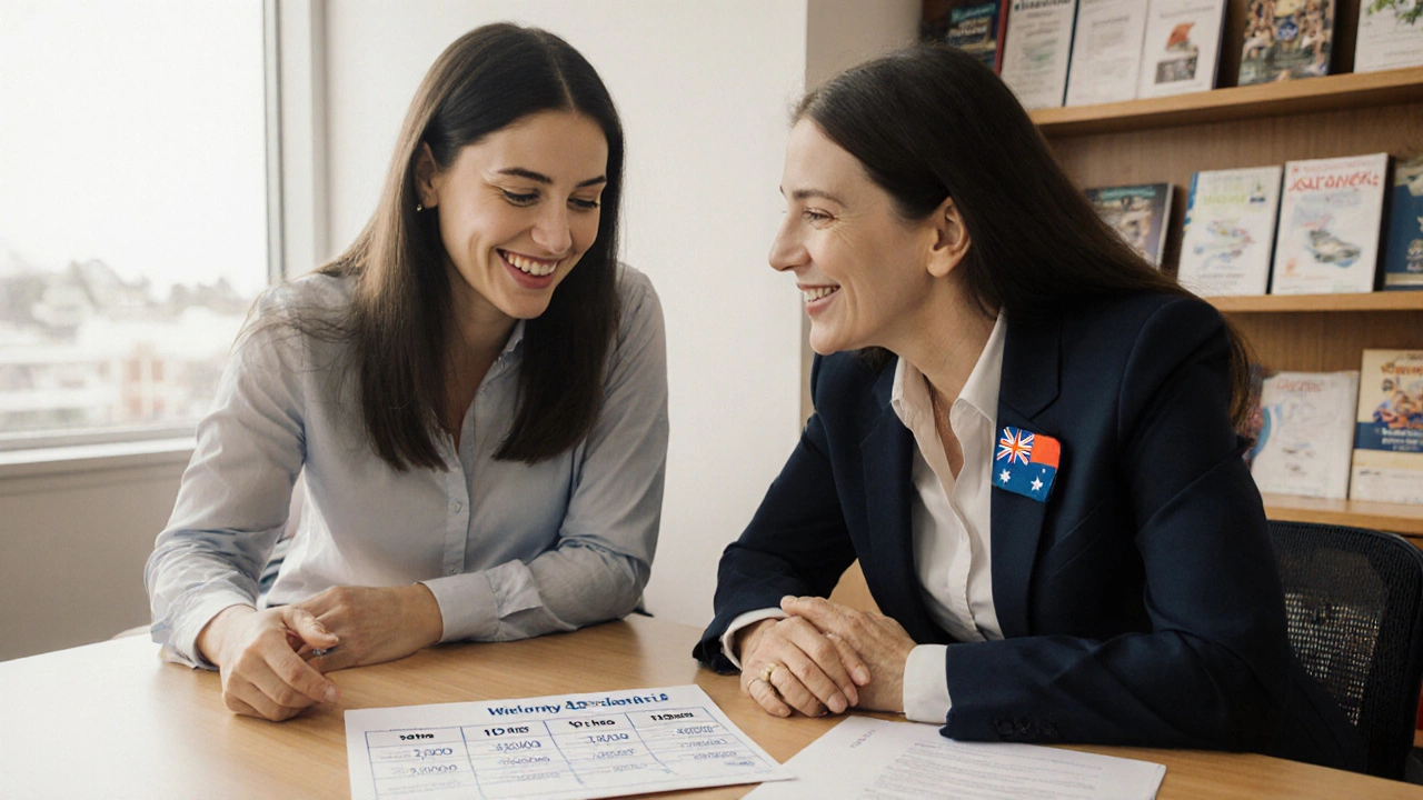 Woman consulting with a financial advisor in a credit union, reviewing loan comparison charts.
