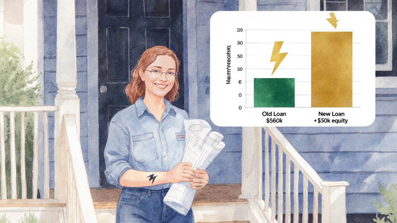 Woman electrician with deck blueprint standing outside her Sydney home, equity numbers illustrated nearby.