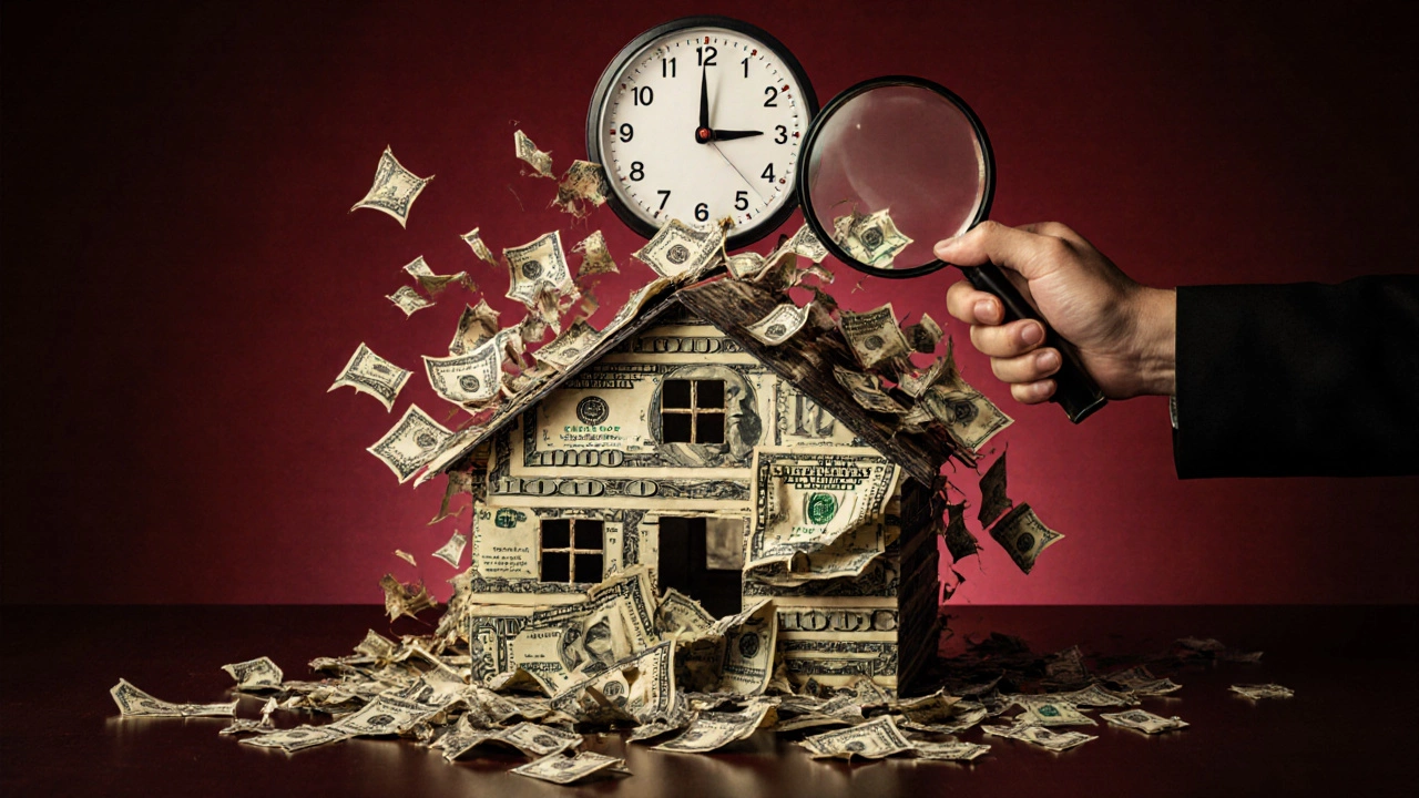 A house made of dollar bills cracking apart, symbolizing hidden costs of remortgaging.