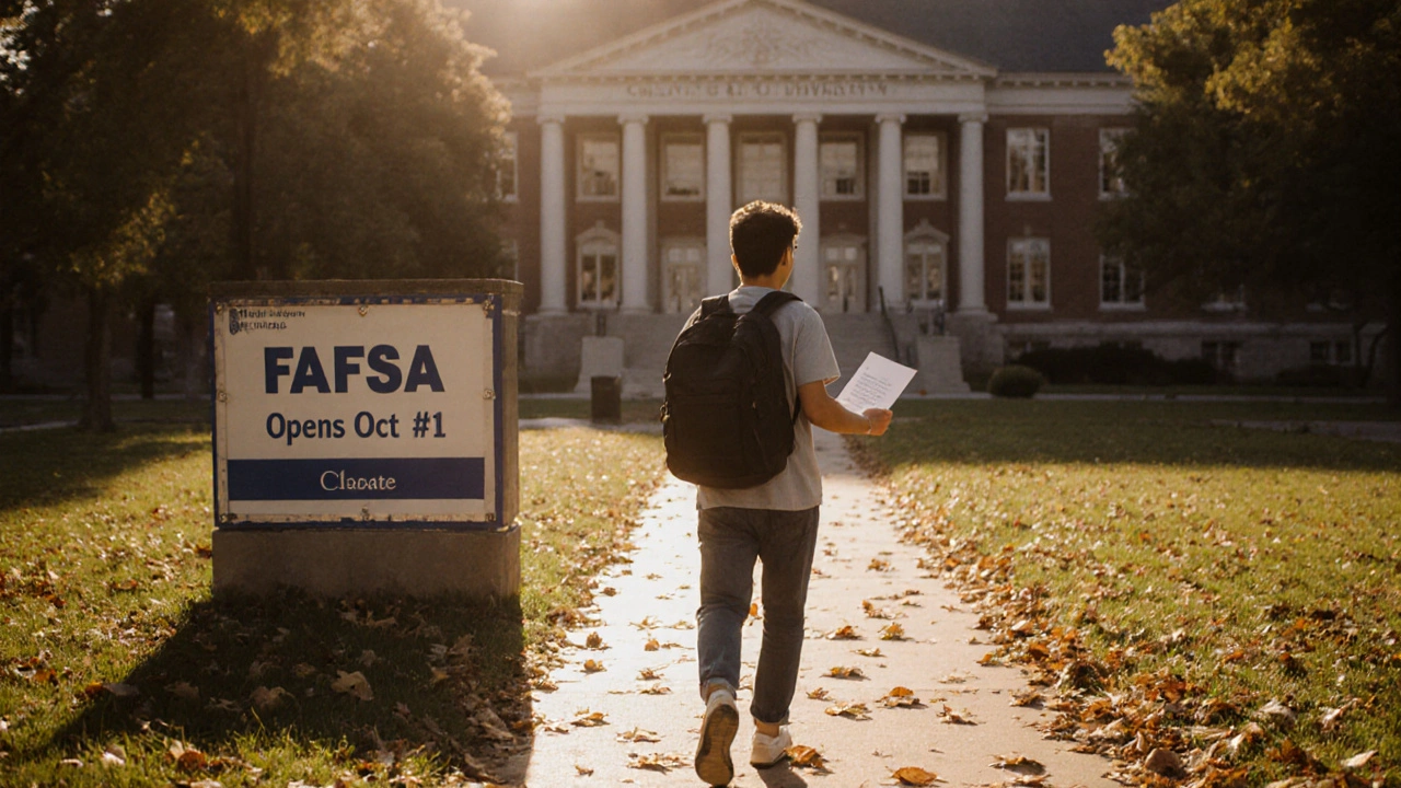 A student smiling on campus holding an financial aid award letter at sunrise.
