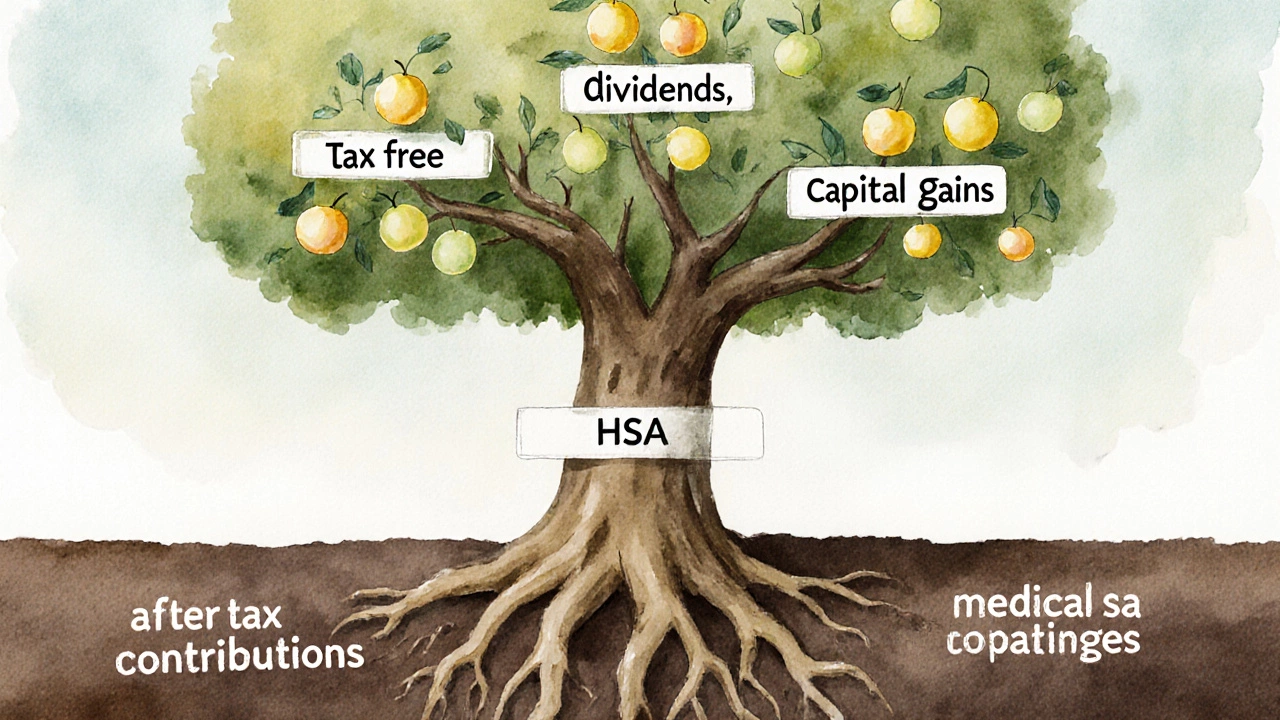 Abstract tree with three branches representing Roth IRA, Roth 401(k), and HSA growing tax-free fruit.