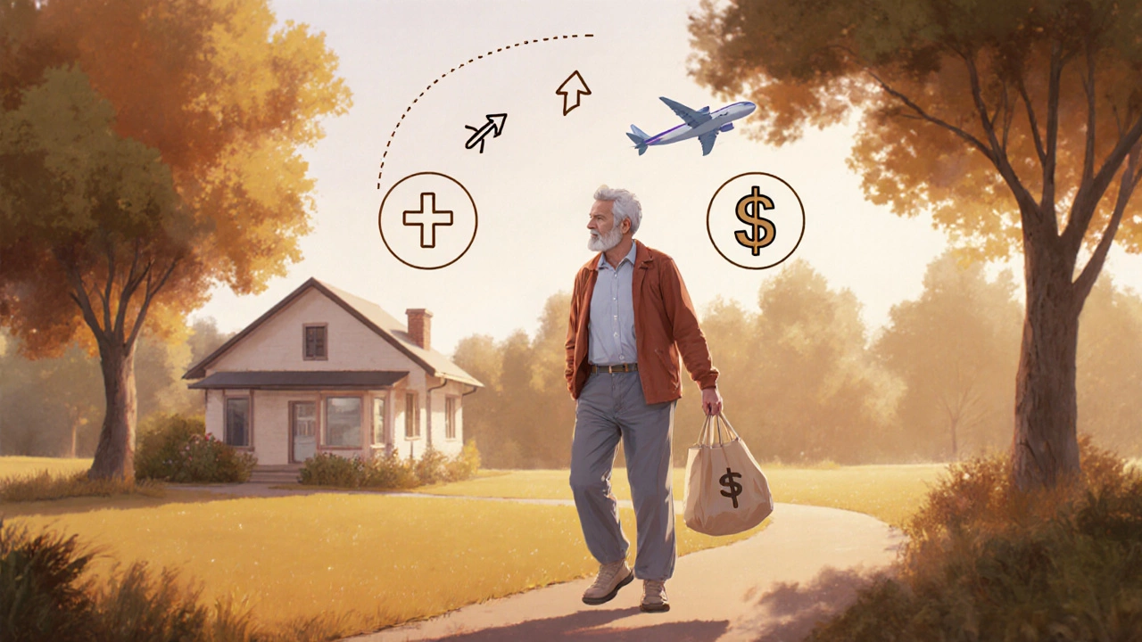 An older person walking peacefully in a park, with subtle financial symbols floating gently in the background.