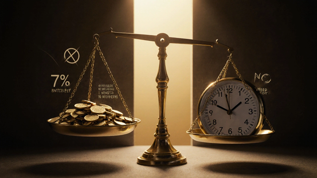 Balance scale weighing high interest earnings against conditions like monthly deposits and no withdrawals.