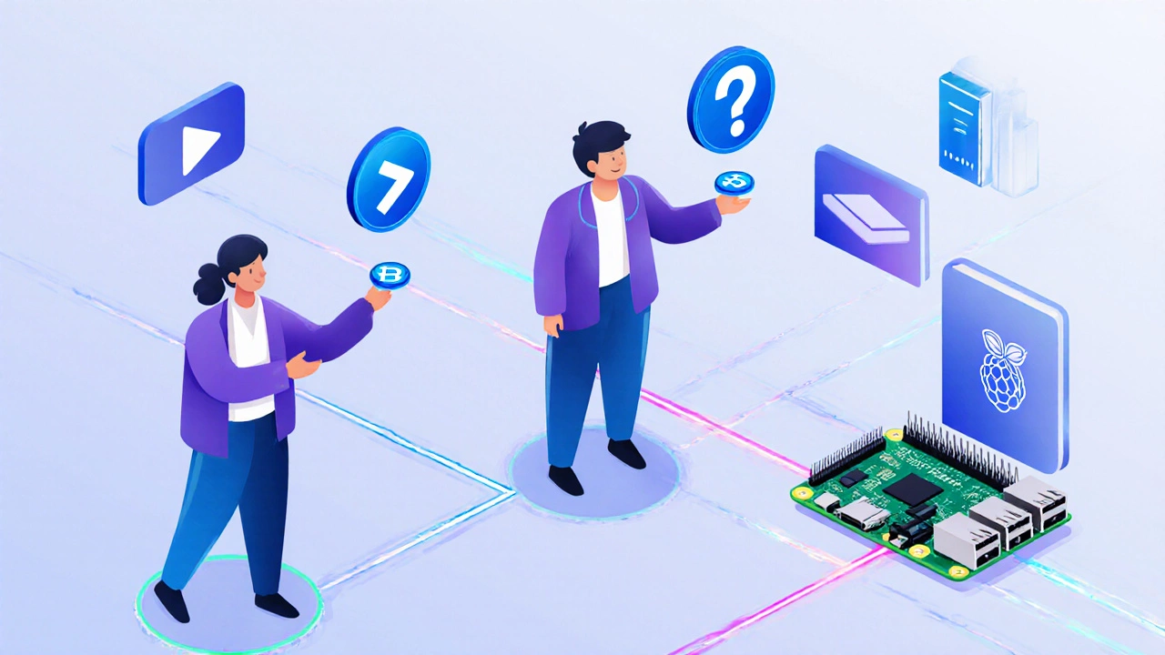 Diverse people receiving crypto tokens from educational icons, with a Raspberry Pi node glowing softly in the corner.