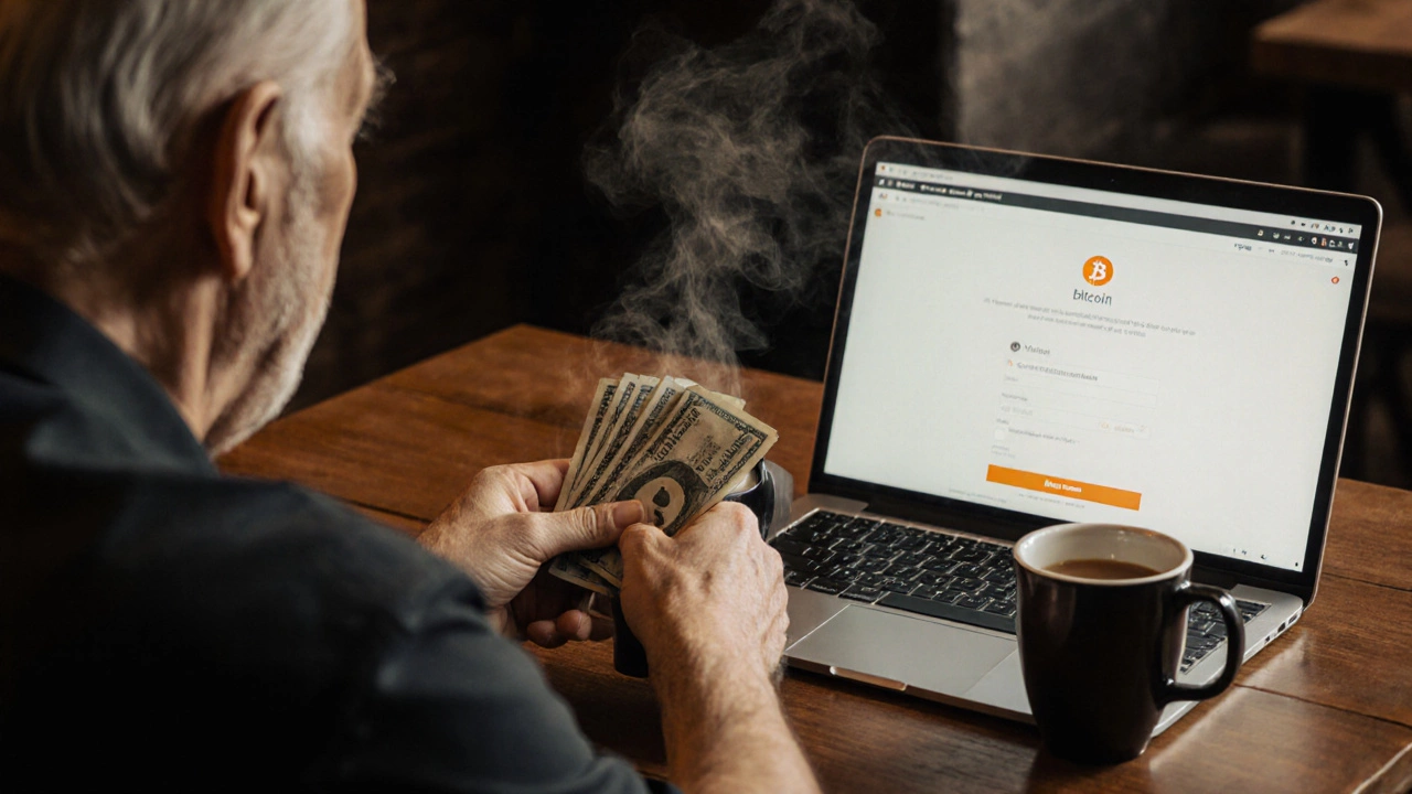 Elderly man handing cash to a buyer in a Sydney coffee shop for Bitcoin.