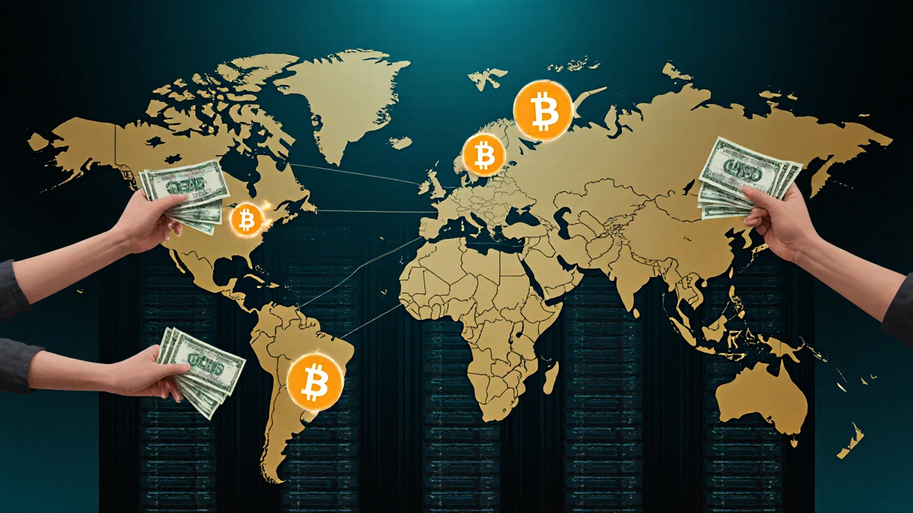 Global hands transferring cash to glowing Bitcoin symbols above a server farm.