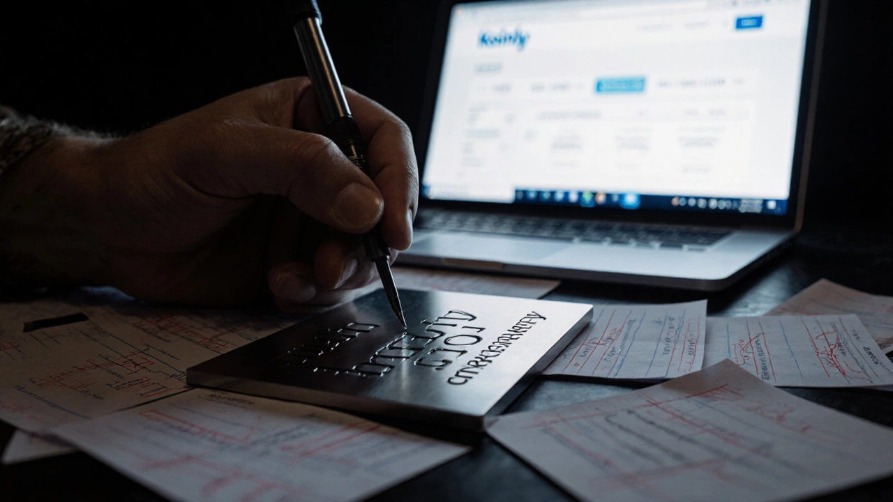 Hand engraving a Bitcoin recovery phrase onto a metal plate under focused lighting.